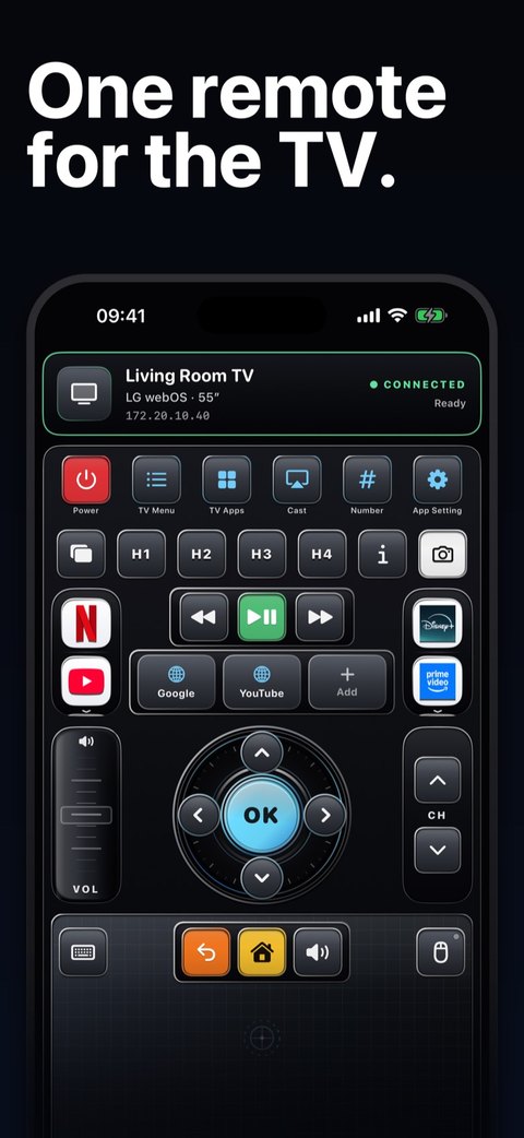 Remotal remote connected to a living-room TV, with power, apps, volume, channels and the pad
