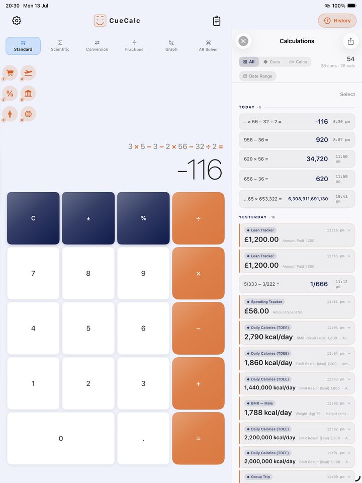 CueCalc on iPad with History beside the calculator