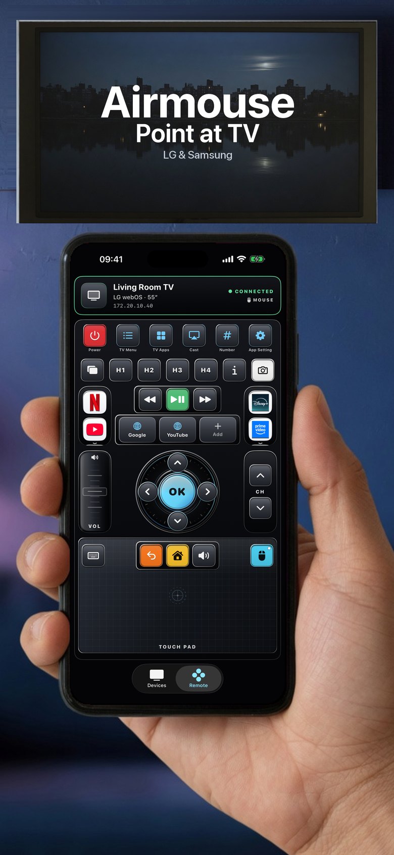 A hand holding an iPhone, using Remotal as an air mouse toward a television